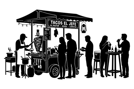 Silhouette of people enjoying tacos at street food stand.