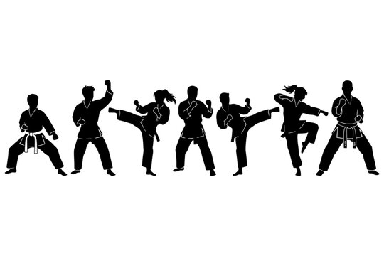 Silhouettes of martial artists in various karate poses displaying skill and agility.