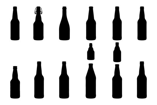 Silhouette collection of various bottle shapes on white background.