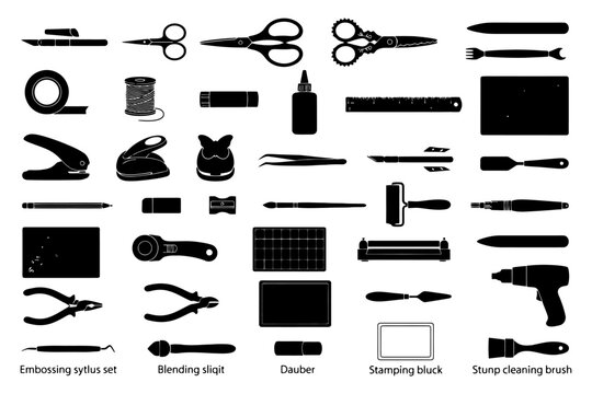 Silhouette collection of diverse craft tools and equipment.