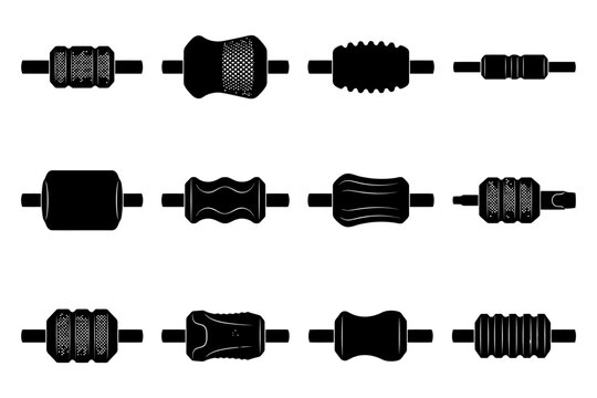 Set of ten black foam rollers with varied textures isolated on white background.
