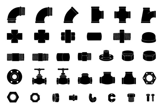 Assorted black plumbing pipe fittings and connectors silhouettes collection.