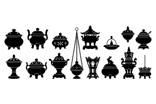 Silhouette collection of vintage asian incense burners in various ornate designs.