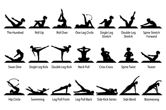 Pilates exercise silhouettes: diverse female workout poses.