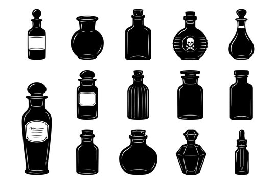 Collection of vintage glass bottles with various shapes and designs.