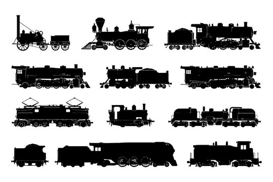 Silhouettes of vintage and modern trains showcasing evolution of locomotive design.