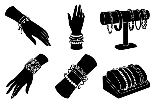 Elegant bracelet designs on hands and display stands.