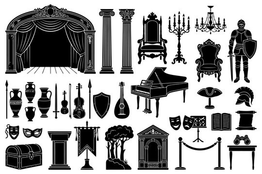 Classical theater and historical artifacts silhouettes collection.