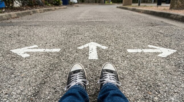 Person standing on asphalt road with three white arrows pointing different directions