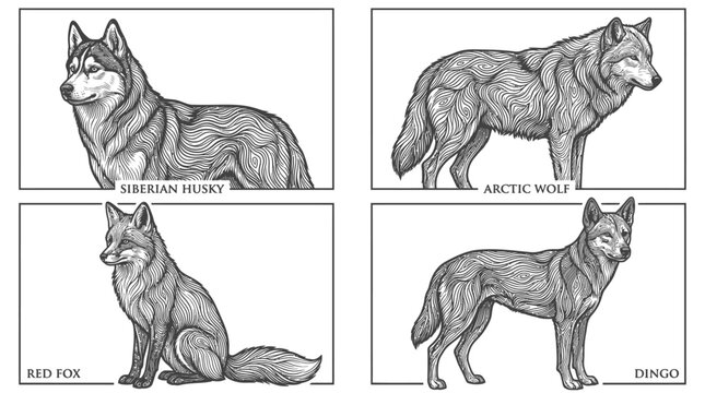 Siberian husky, arctic wolf, red fox, and dingo are arranged as a collection of canine species in this precise black and white illustrative set.