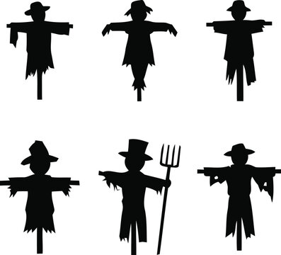 Six Scarecrow Silhouettes On A White Background A Rustic Farm Illustration scarecrows strawman