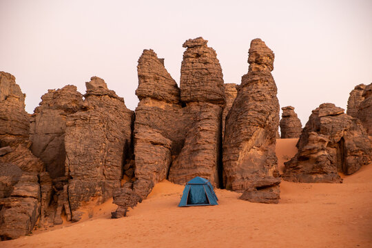 Tent Camp Among Rock Pinnacles at Dusk