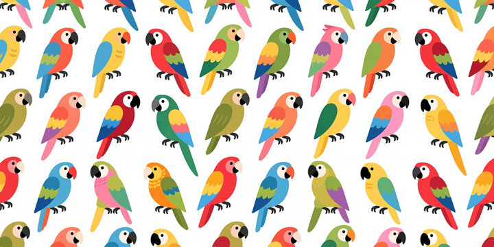 A vibrant repeating pattern of cartoon parrots in various colors and poses on a white background.