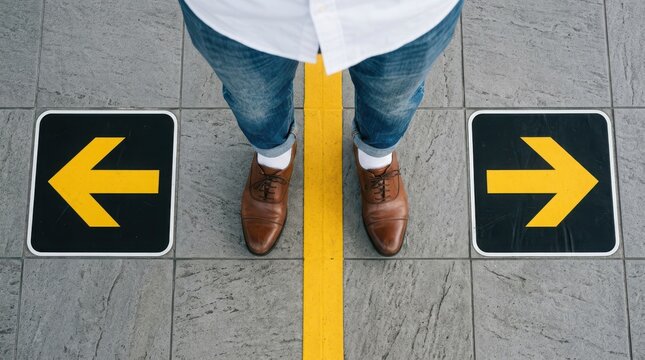 Person standing at a crossroads with left and right arrows, symbolizing choice and decision