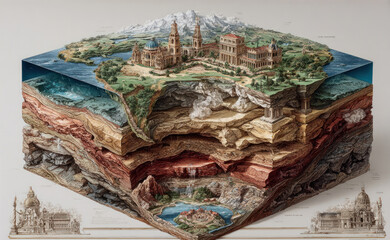 Obraz premium Fantasy geological cross section with ancient civilization and underground world illustration