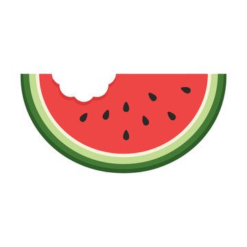 A fresh slice of juicy red watermelon with black seeds and a bite mark taken out of the top Vector