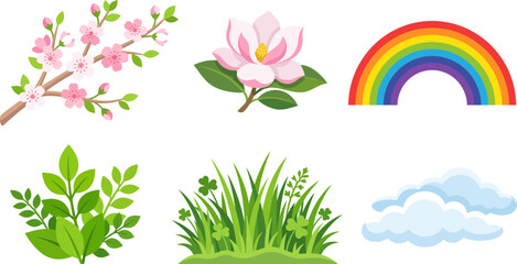 Spring nature elements set featuring blooming cherry branches magnolia flower vibrant rainbow green grass patches and soft fluffy white clouds © Firdaus