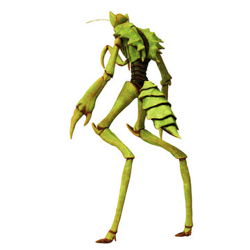 3D rendering of a humanoid mantis creature.