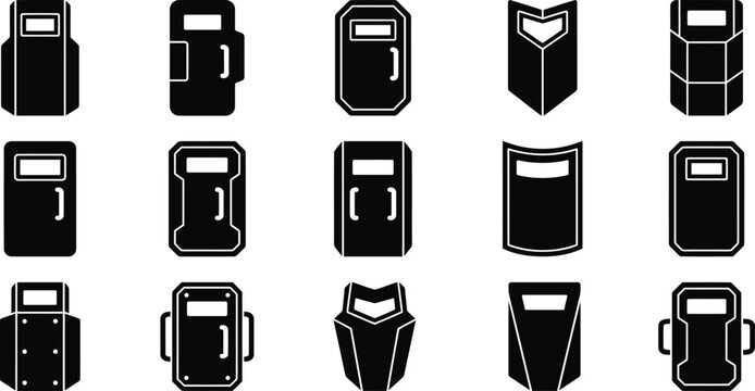 A comprehensive collection of police riot shield vector illustration set featuring various tactical protection gear designs in a clean black style