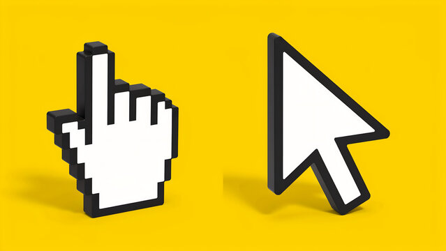 3D isometric pixel computer mouse cursor and hand pointer set with computer