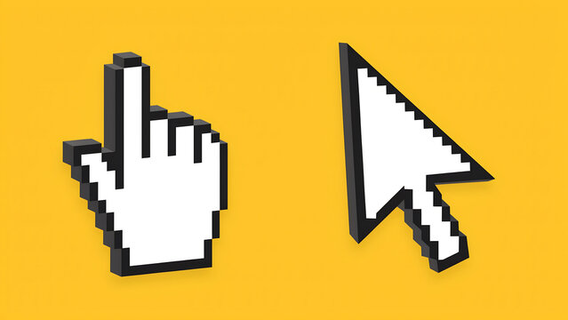 Digital 3D isometric pixel mouse pointer and hand cursor icons with computer