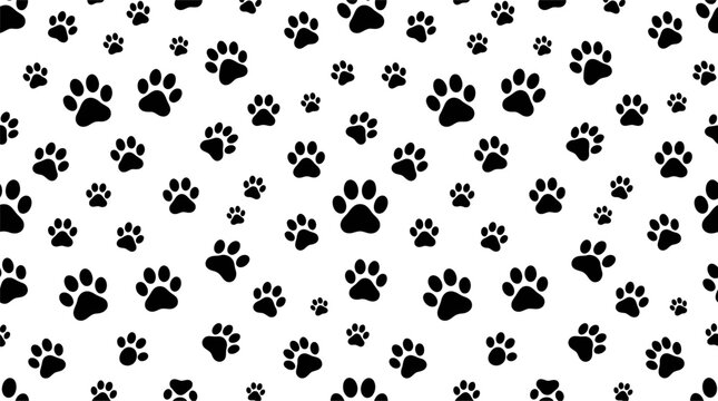Black dog paw prints seamless pattern design with many small and large animal track shapes Vector