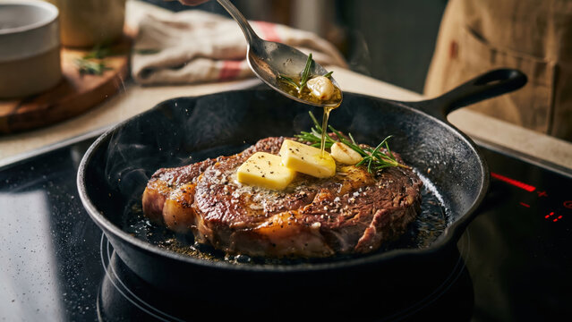 Chef basting a sizzling steak in a hot cast iron pan with butter and rosemary.