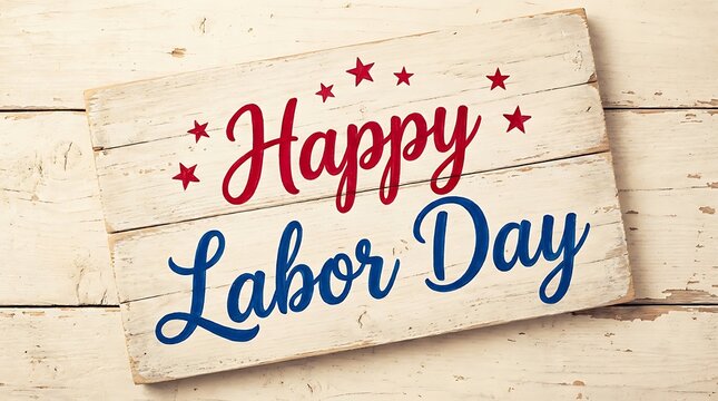 Rustic Wooden Sign With Happy Labor Day Text And Stars On Weathered Background