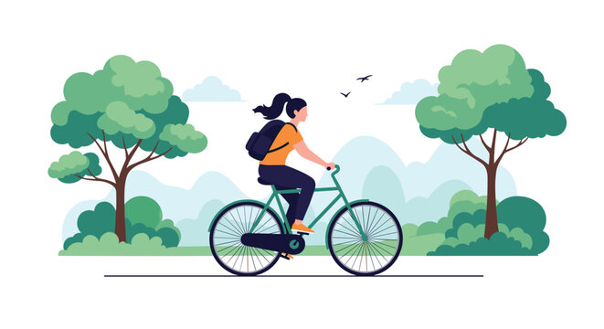 Young active woman with a backpack riding a green bicycle along a scenic park path with green trees, depicting active lifestyle.