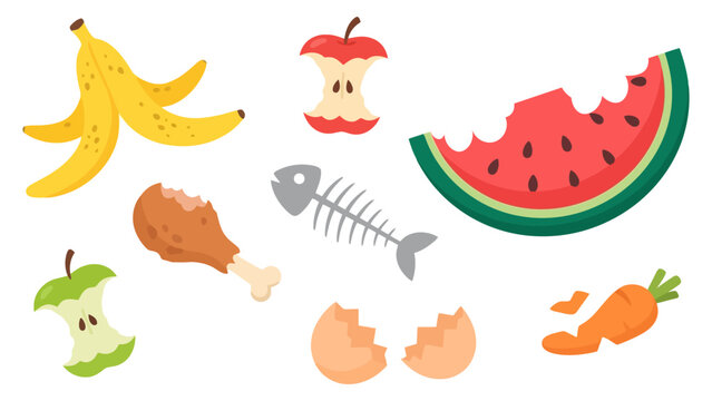 Set of food scraps and organic waste like banana peel apple core fish bone and watermelon slice Vector