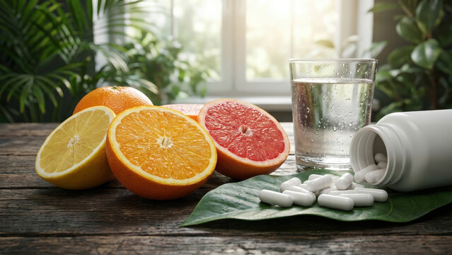 Fresh citrus fruits, a glass of water, and vitamin supplements for a balanced and healthy lifestyle.