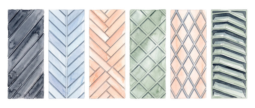 Watercolor geometric patterns ceramic tiles set showcasing herringbone, lattice, chevron, and louver relief textures in pastel shades for interior wall decor, surface design, and background art.