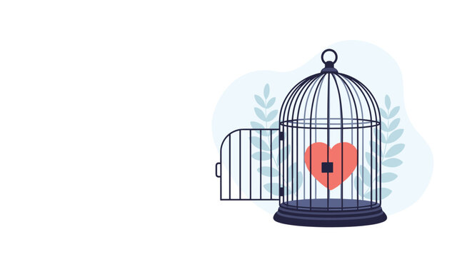 Red heart symbol sitting inside an open black metal birdcage representing freedom of love and emotion.