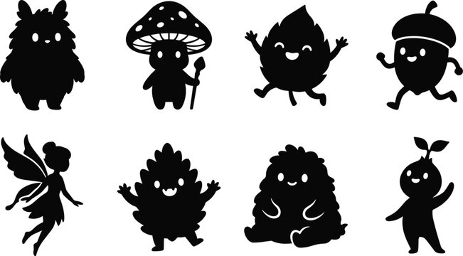 Set of cute forest spirit silhouettes, magical fantasy creatures, and woodland cartoon characters vector illustration