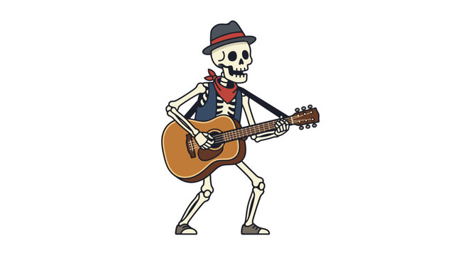 A lively cartoon skeleton, adorned with a fedora and bandana, strums an acoustic guitar, creating a humorous and musical depiction of a character for Halloween or themed events.