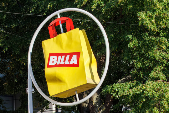 BILLA Supermarket Logo on Storefront in Vienna, Austria.