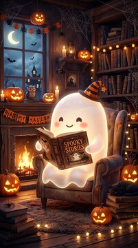 cute ghost wearing witch hat reading spooky stories book in cozy room with fireplace, halloween night ambiance with pumpkins.