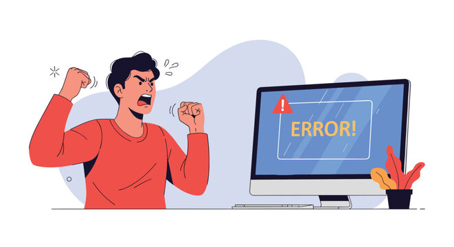 Furious young man screaming and raising his fists in anger in front of a computer screen displaying an error message.