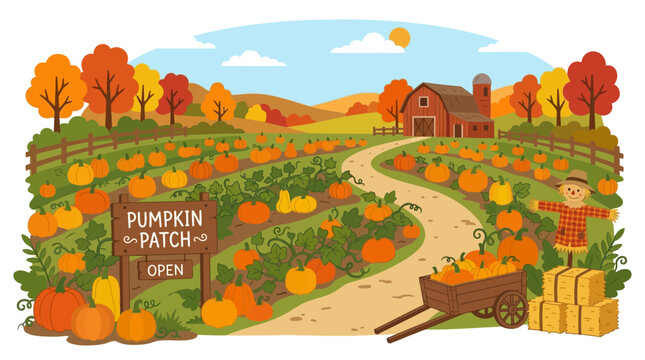 Autumn pumpkin patch with vibrant orange and yellow foliage, a rustic red barn, and a winding dirt path under a bright, sunny sky.