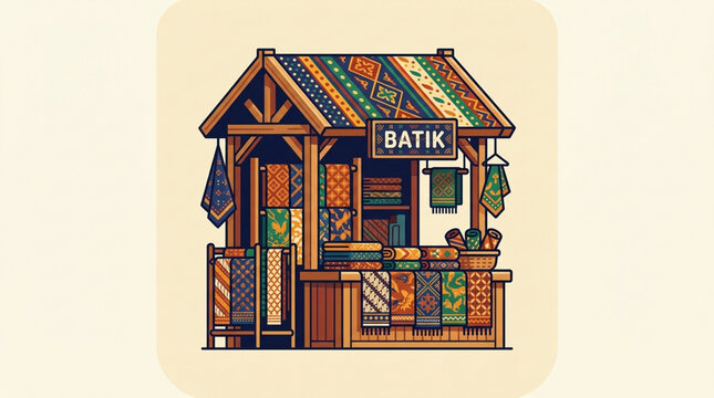 Batik fabric market stall. Traditional textile shop with colorful patterned cloth.