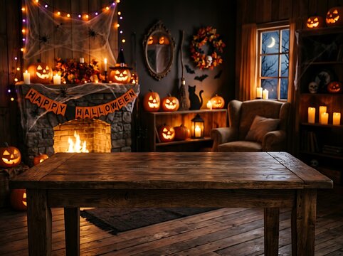 Wooden table with blurred Halloween fireplace, jack-o-lanterns, and spooky decorations.