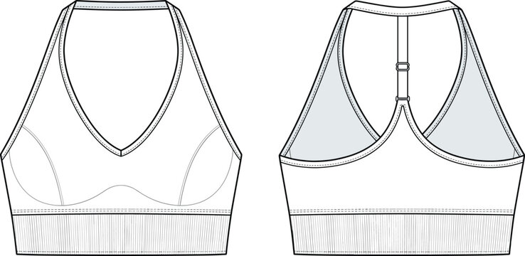Women sports bra fashion flat sketch technical drawing vector template apparel design illustration front and back view