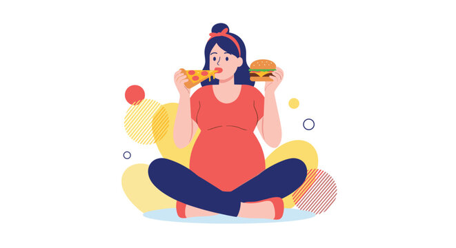 Pregnant woman sitting cross legged and eating a slice of pizza and a burger representing pregnancy cravings.