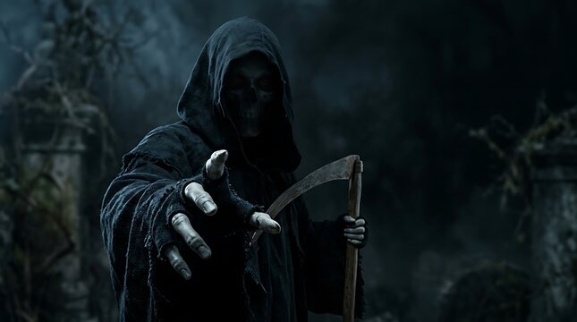Close up of terrifying grim reaper reaching out with skeletal hand holding sharp scythe in dark mysterious atmosphere.