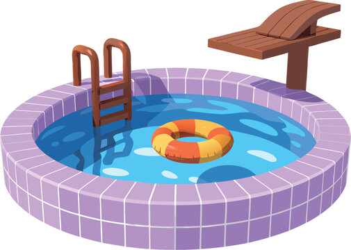 Swimming pool with a diving board and a float ring sits isolated on a white background to represent summer leisure and aquatic recreation activities.