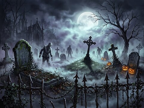 Creepy graveyard scene with zombies, tombstones, and a full moon on Halloween night.