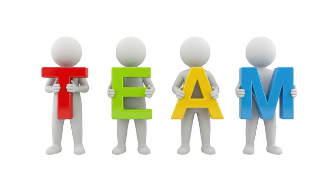 Four 3d humanoid figures holding colorful letters spelling team isolated on transparent background