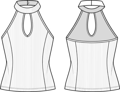 Women halter top fashion flat sketch technical drawing vector template apparel design illustration front and back view