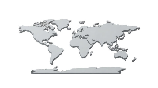 3d metallic world map with raised continents on a transparent background