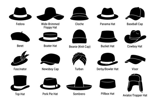 Silhouette collection of various iconic hat styles.